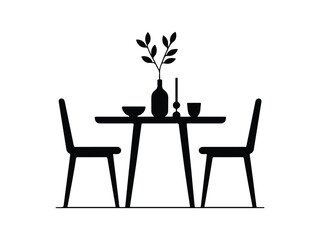 A table and chair silhouette vector illustration. Silhouettes Chairs and Table. Interior of the cafe. Vector Black Illustration Isolated On White Background.