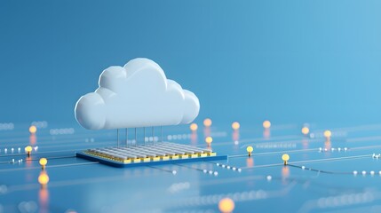 Cloud computing concept with a cloud above a circuit board on a blue background, representing data storage and digital connectivity.