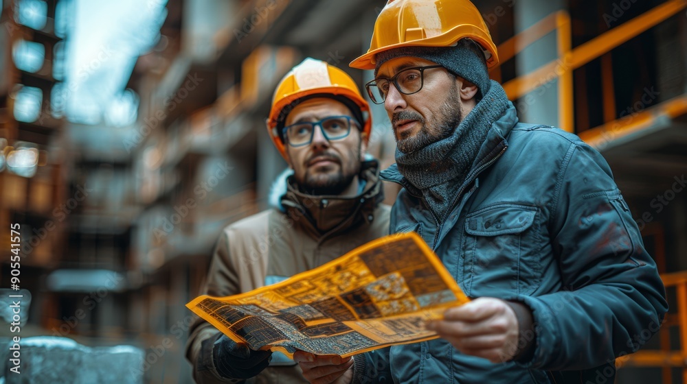 Wall mural two construction workers reviewing plans on building site during daylight hours