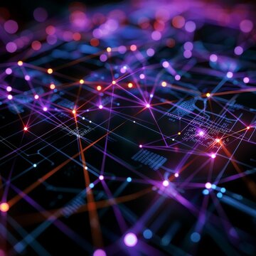 Abstract digital network with glowing lines and nodes.