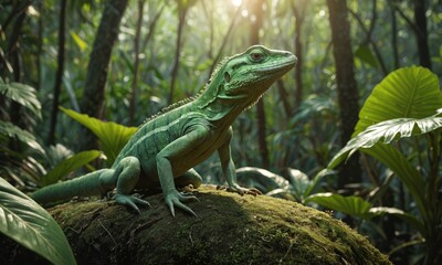 Fototapeta premium Close-Up of Iguana Lizard Resting on Mossy Log in Lush Jungle Dense Wild Tropical Forest environment