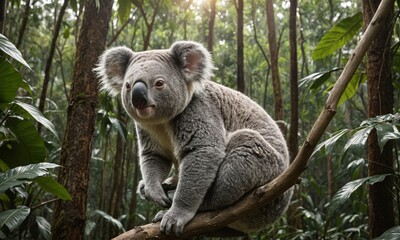Obraz premium Close-Up of Cute Koala sitting Resting on branch looking directly at the camera in Lush Jungle Dense Wild Tropical Forest environment
