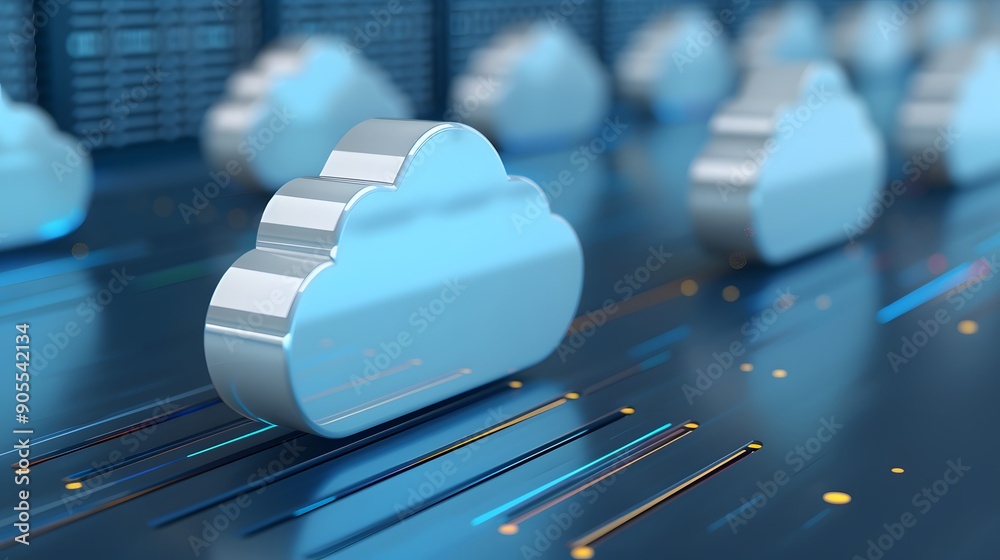 Poster cloud computing concept with digital clouds on a circuit board background, representing data storage