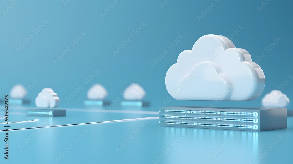 Poster cloud computing concept with digital data storage. multiple virtual clouds and servers on a blue bac