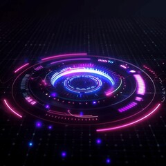 Fototapeta premium Abstract futuristic technology background with glowing neon circles. A digital interface with vibrant colors. Perfect for tech and sci-fi themes.