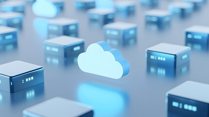 Fototapeta premium Cloud computing concept with glowing cloud icon among data servers, representing digital storage and network technology.