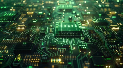 Obraz premium Abstract green circuit board with glowing lines and a central processor. A futuristic technology background.