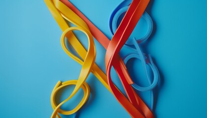 Abstract image of colorful ribbons intertwined on a blue background.