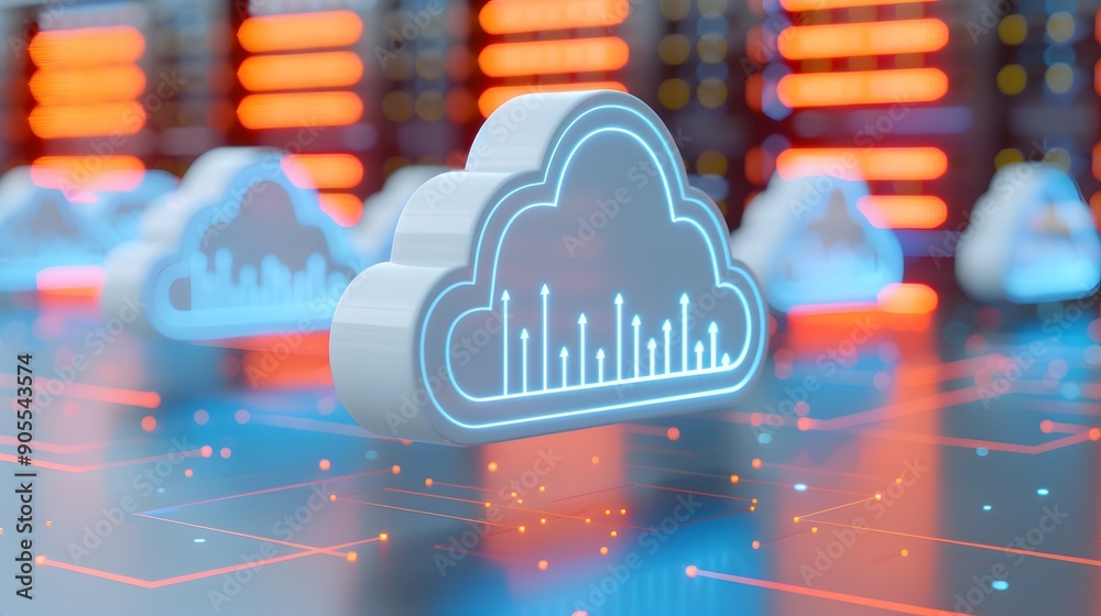 Poster cloud computing technology concept with a digital cloud icon and data servers in the background, rep