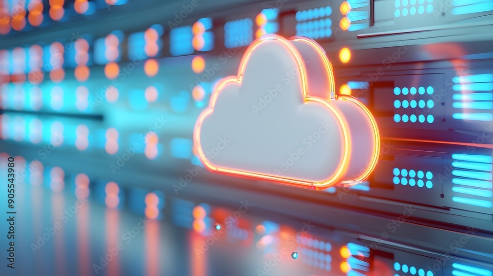 Poster cloud computing technology concept with illuminated cloud icon in modern data center. digital networ