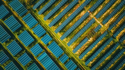 Aerial view of a large solar panel farm, capturing the vastness of renewable energy.