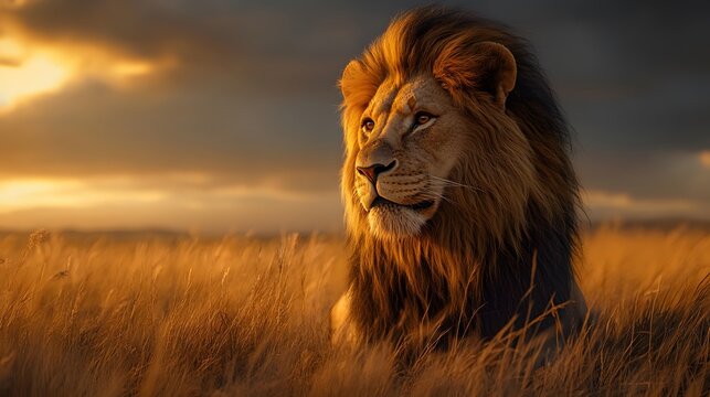 Majestic Lion at Sunset: A powerful lion sits majestically in a field of tall grass, bathed in the warm glow of a setting sun. This captivating image evokes a sense of strength, authority, and the bea