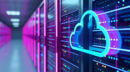 Cloud computing technology in modern data center with illuminated server racks and digital interface for efficient data management.