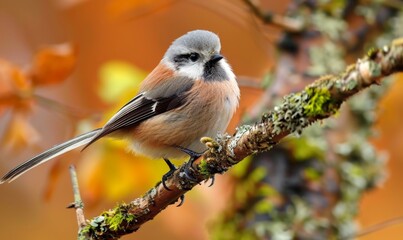 Obraz premium Charming Long-tailed Tit (Aegithalos caudatus) Perched on Branch: Adorable Woodland Bird in Natural Habitat. Vibrant Wildlife Portrait for Nature Enthusiasts, Ornithology, and Decorative Art. High-Res