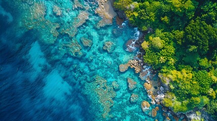 Obraz premium Aerial View of Tropical Island Shore with Turquoise Water and Lush Green Foliage.