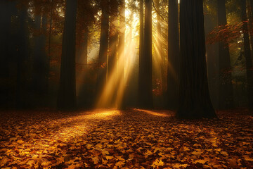 Naklejka premium Misty autumn forest, towering redwoods, golden sunlight shafts pierce fog, illuminating rich fallen leaves, creating tranquil, serene atmosphere.