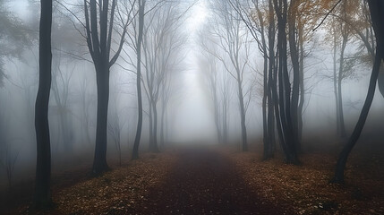 Obraz premium mystical foggy forest path, autumn leaves, melancholic atmosphere, deep connection with nature, ideal for wellness, nostalgia, tranquil retreats, copy space available