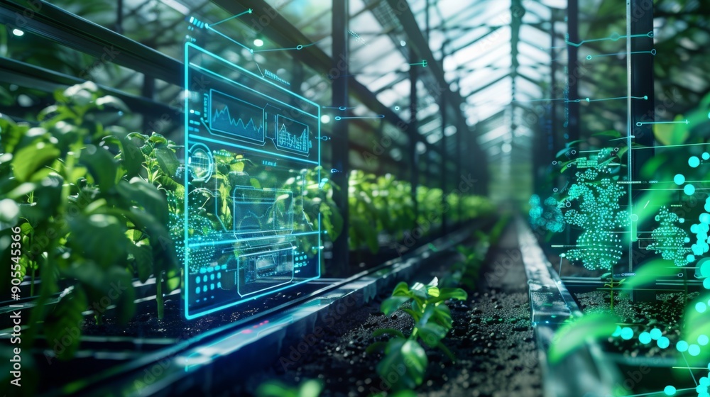 Poster Digital interfaces overlay a greenhouse filled with thriving plants, showcasing the integration of technology in modern farming practices.