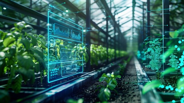 Digital interfaces overlay a greenhouse filled with thriving plants, showcasing the integration of technology in modern farming practices. - Powered by Adobe