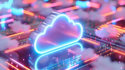 Fototapeta premium Colorful neon cloud icon surrounded by digital circuit lines, representing cloud computing, technology, and futuristic networks.