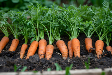 Vibrant orange carrots growing neatly in rich soil surrounded by lush green greens in a vegetable garden during daylight