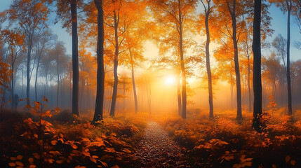 Obraz premium Ethereal sunrise over serene autumn forest, vibrant leaves, path inviting exploration, emotional warmth, ideal for lifestyle, travel, wellness markets.