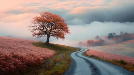 Serene winding road, vibrant autumn tree, peaceful landscape, ideal for nature themes, mindfulness applications, emotional tranquility, versatile marketing potential, abundant copy space.