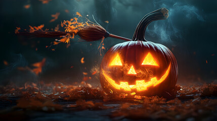 glowing halloween pumpkin, jack-o-lantern, candle-lit face, broomstick, scattered autumn leaves, twilight forest backdrop, autumn decor, spooky festive atmosphere, halloween marketing campaigns,