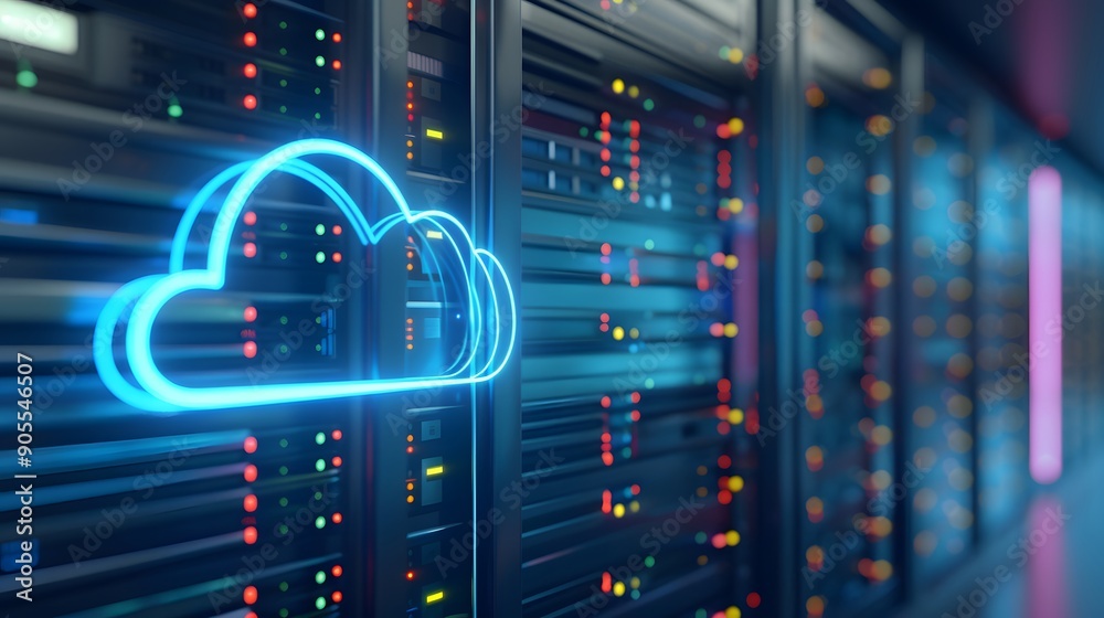 Poster data server room with illuminated cloud icon, representing cloud computing and data storage solution