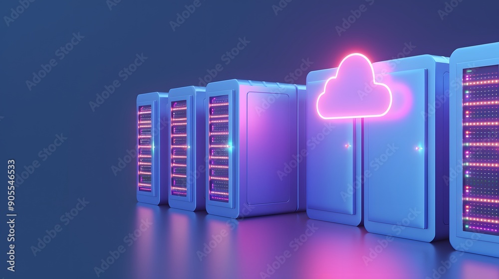 Poster data servers with neon cloud icon representing cloud computing technology. futuristic data center fo
