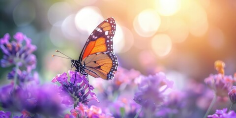 Obraz premium Beautiful insect butterfly scene sitting in flower garden. AI generation.