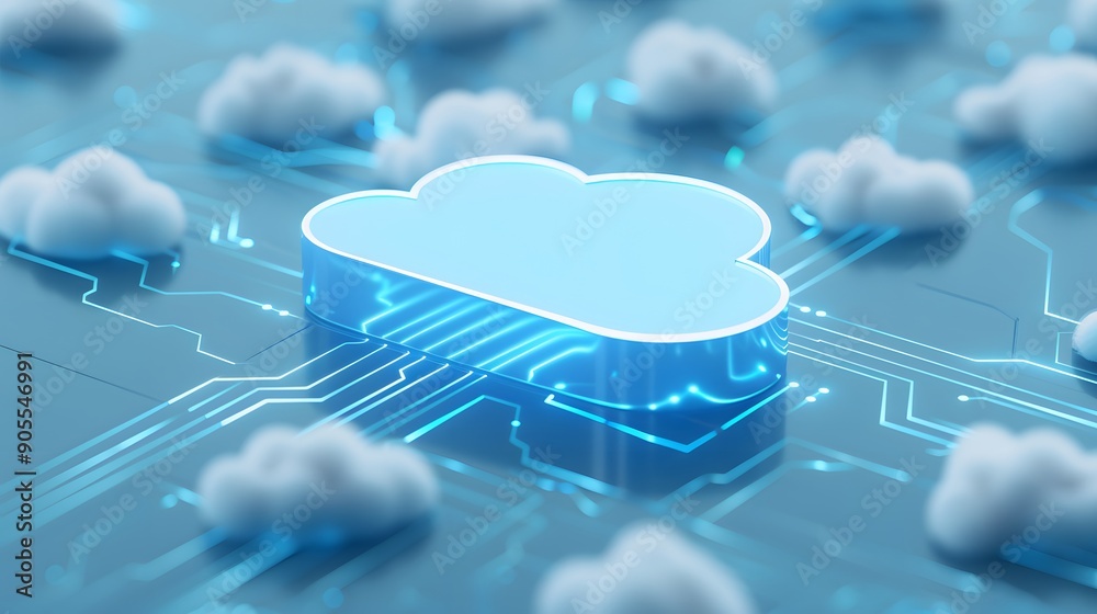 Poster digital cloud computing concept showing a glowing cloud icon connected to a circuit board network am