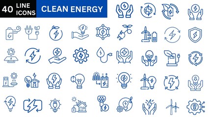 Clean Energy  icon set. Green energy icon set. Collection of clean and green  energy, ecology and green electricity icons. Ecology concept.