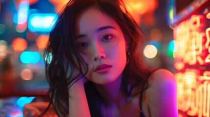 Fototapeta premium An Asian model with an innocent face, sitting at an outdoor café table under neon lights, her features softly illuminated by the colorful glow, the city nightlife creating a lively backdrop.