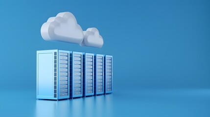 Obraz premium Digital cloud computing concept with server racks and cloud icon symbolizing data storage and network technology against blue backdrop.