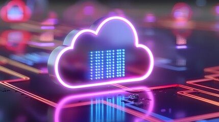 Digital cloud computing illustration with neon colors representing data storage and cybersecurity technology in a futuristic environment.