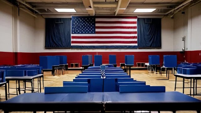 Empty Polling Place with American Flag and Voting Booths Set Up for Election Day