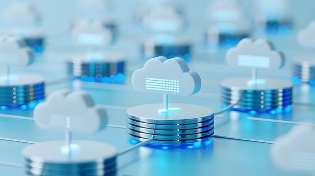 Digital cloud computing network diagram, representing data storage and technology, with glowing server icons on a futuristic background.