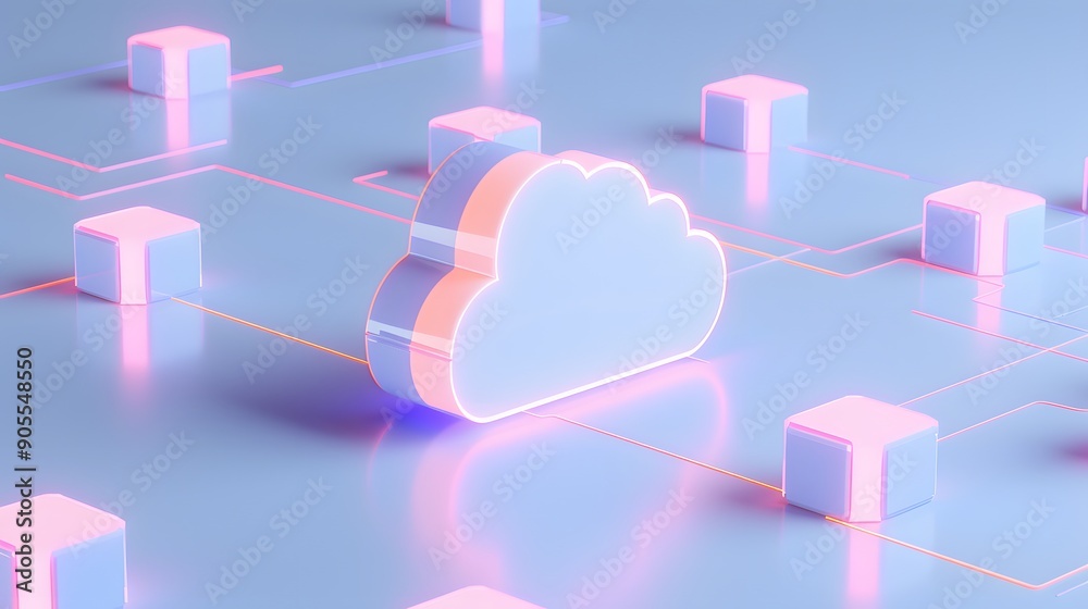 Poster digital cloud icon among glowing blocks representing data storage and network connectivity in soft p