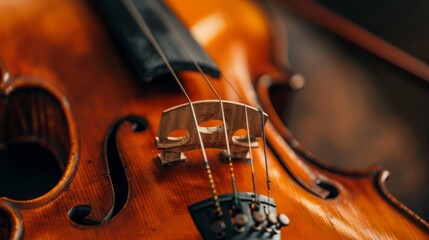 Close-up of a violin's bridge and strings, showcasing the intricate details of a classic musical instrument.