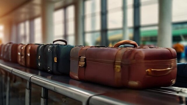 Luggage on a Conveyor Belt at an Airport Terminal with Sunlight Streaming Through Windows