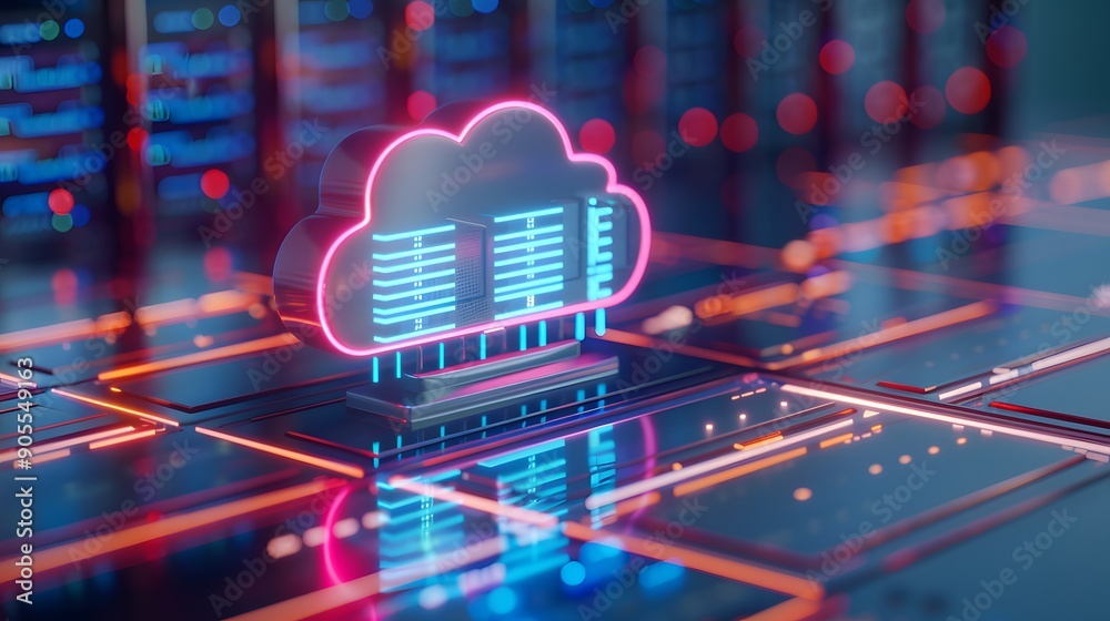 Poster digital cloud in neon colors representing data storage technology, set against a background of glowi