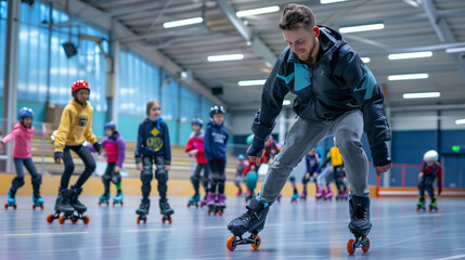 A roller skating instructor demonstrating exercises to a group of children at an indoor skating rink, promoting fun and physical activity.