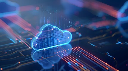 Digital cloud representation on a futuristic circuit board, symbolizing cloud computing and data storage technology in modern IT solutions.