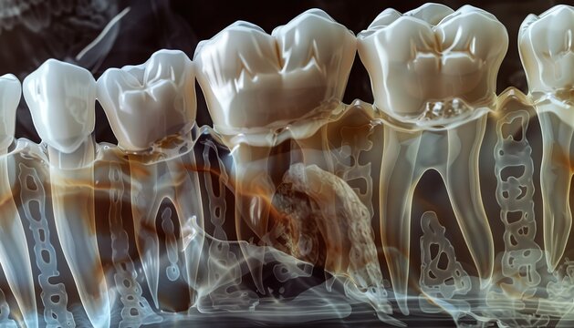 Panoramic view of a digital OPG X-ray film, highlighting wisdom teeth with sharp clarity.
