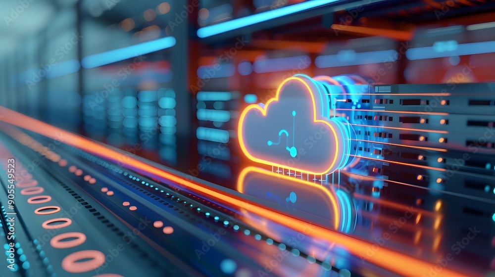 Poster digital cloud storage concept in data center with glowing icons and server racks, representing moder