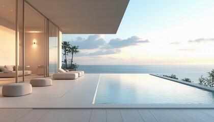 Fototapeta premium Sea view empty large living room of luxury summer beach house with swimming pool near wooden terrace. Big white wall background in vacation home or holiday villa. Hotel interior 3d illustration.