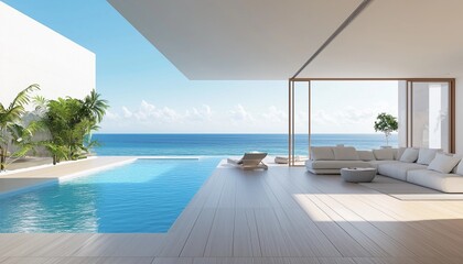 Fototapeta premium Sea view empty large living room of luxury summer beach house with swimming pool near wooden terrace. Big white wall background in vacation home or holiday villa. Hotel interior 3d illustration.