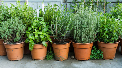 A row of pots filled with different herbs such as rosemary, basil, and thyme, perfect for a home garden or culinary use.