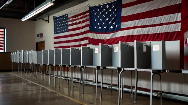Row of Voting Booths Set Up in a Polling Place with a Large American Flag Displayed